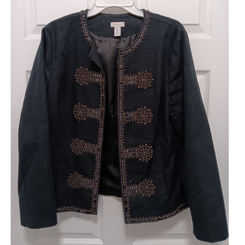 Chico's Embellished Military Beaded Black Denim Shimmer‎ Jacket Size 2 Med/Large